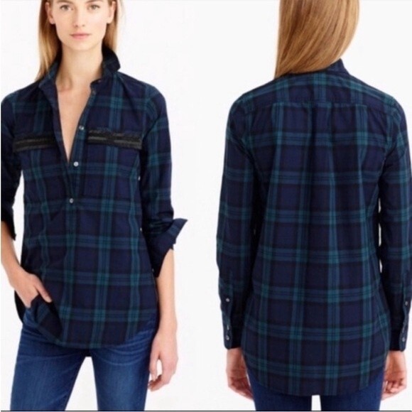 NWT J. Crew Plaid Popover Blouse with Beaded Pockets, Green/Blue/Black, Size XS - Picture 1 of 9